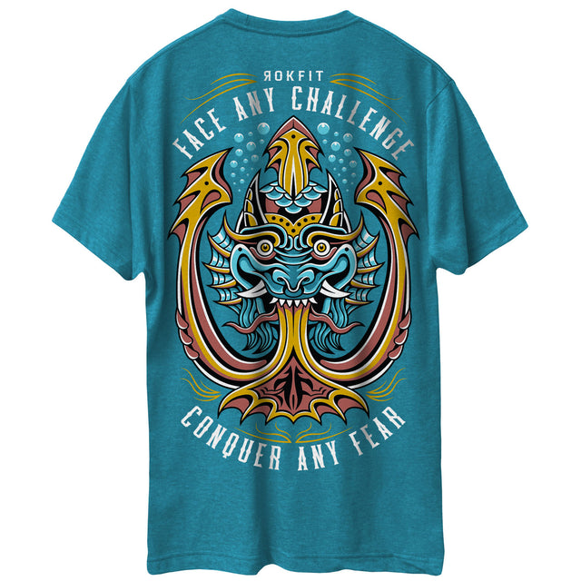 Back view of teal blue unisex Active Tee with 'Face Any Challenge, Conquer Any Fear' graphic
