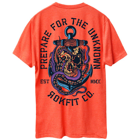 Back view of unisex heather orange Active Tee with 'Prepare For The Unknown' graphic