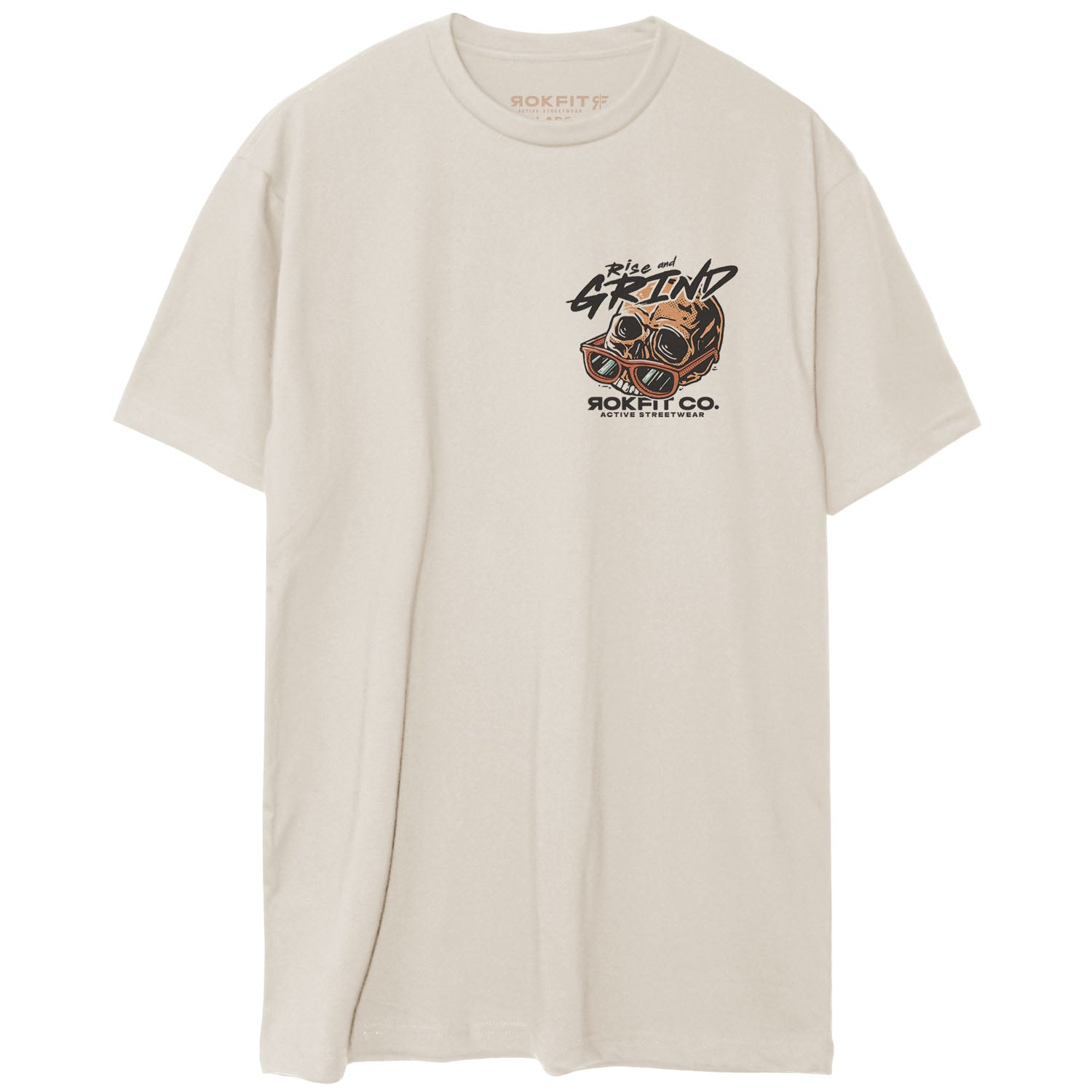 Front view of sand color unisex Active Tee with 'Rise And Grind' graphic