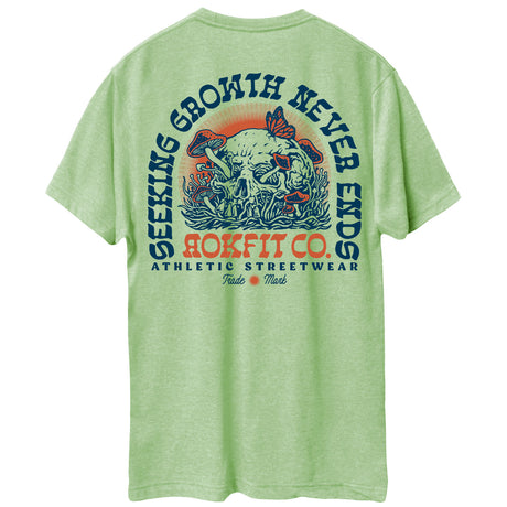 Back view of unisex heather green Active Tee with 'Seeking Growth Never Ends' graphic