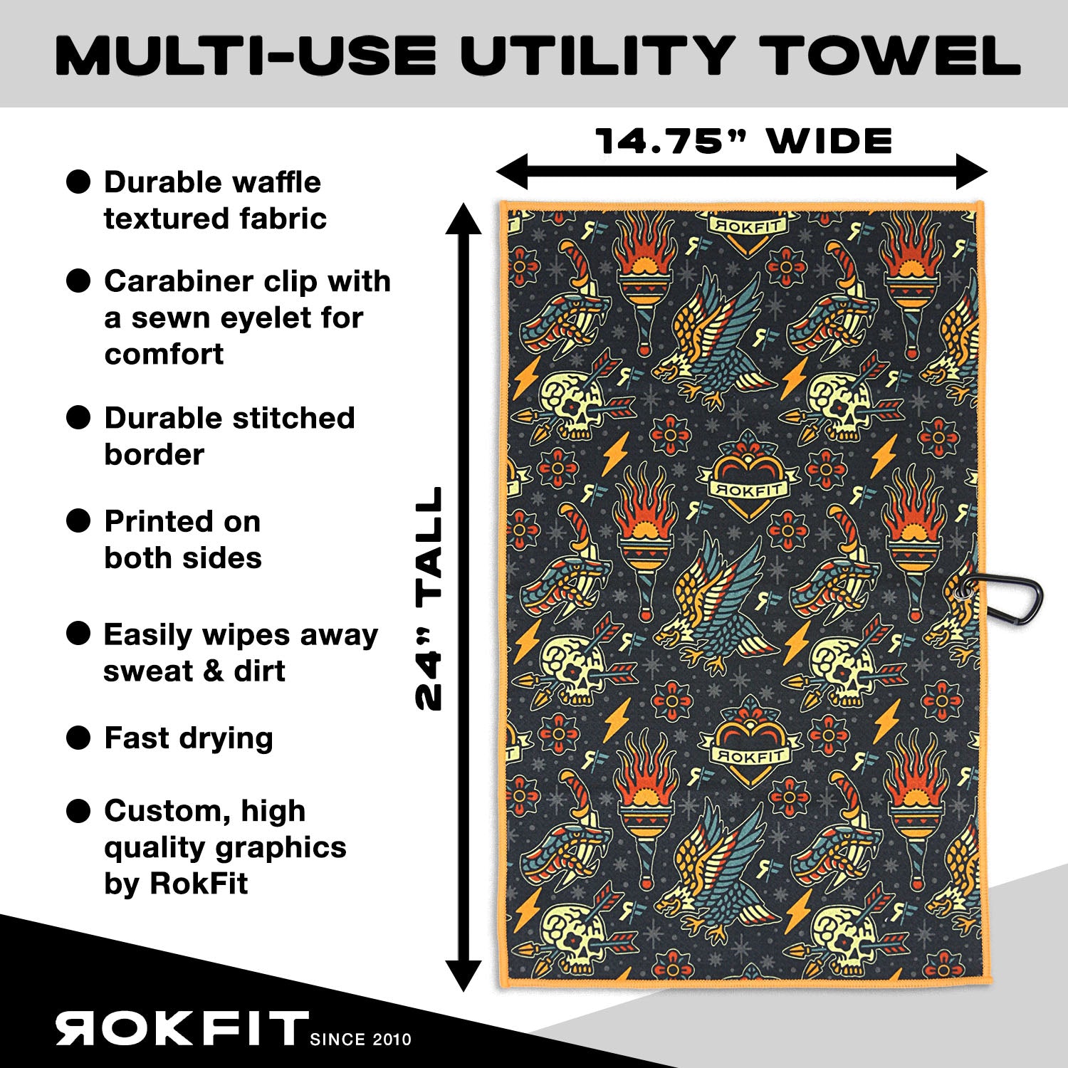 Utility Towel details showing 14.75-inches wide by 24-inches tall with 'Tattoo Flash Pattern' graphic