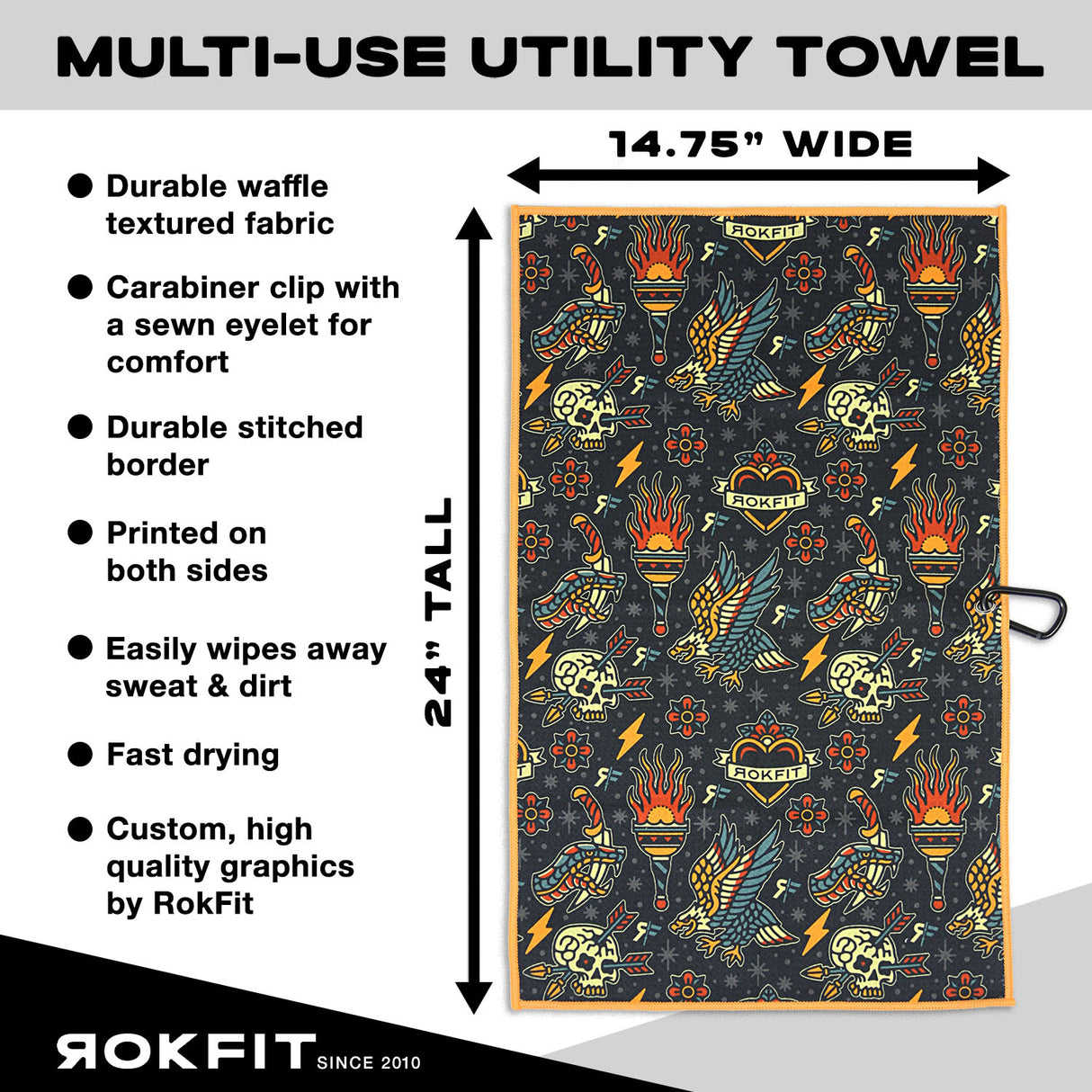 Utility Towel details showing 14.75-inches wide by 24-inches tall with 'Tattoo Flash Pattern' graphic