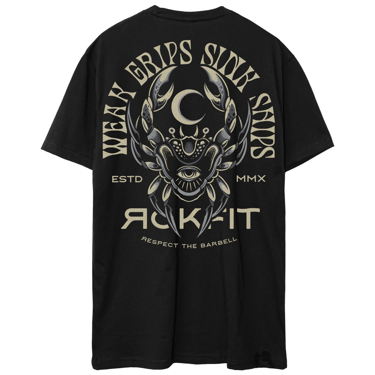 Back view of unisex black Active Tee with 'Weak Grips Sink Ships' graphic