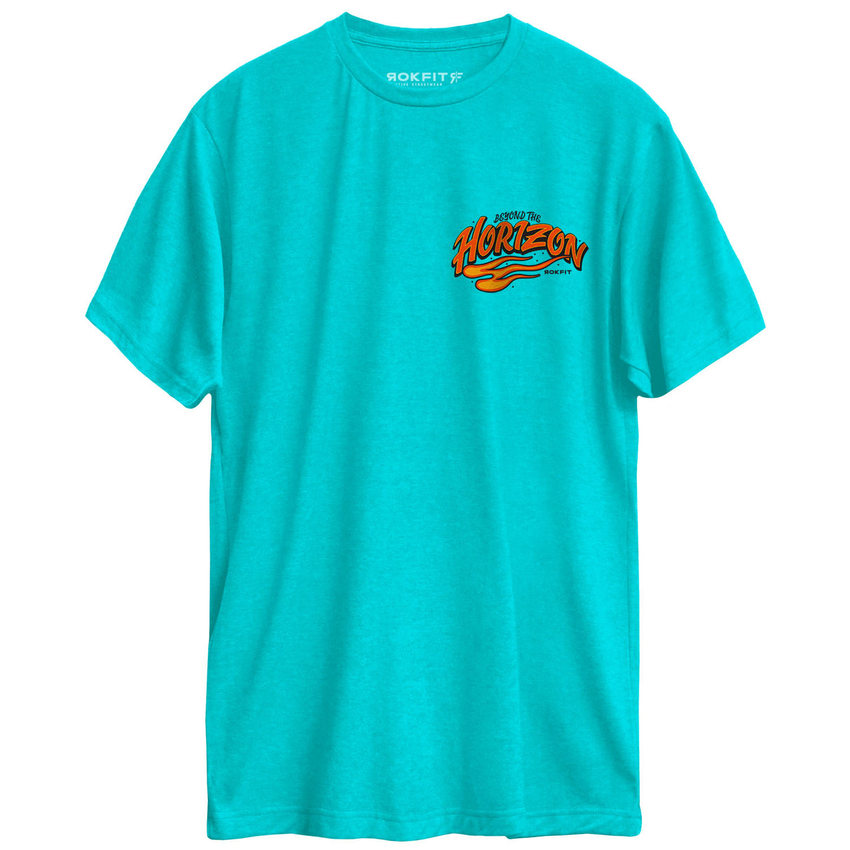 Front view of Tahiti blue unisex Active Tee with 'Beyond the Horizon' graphic