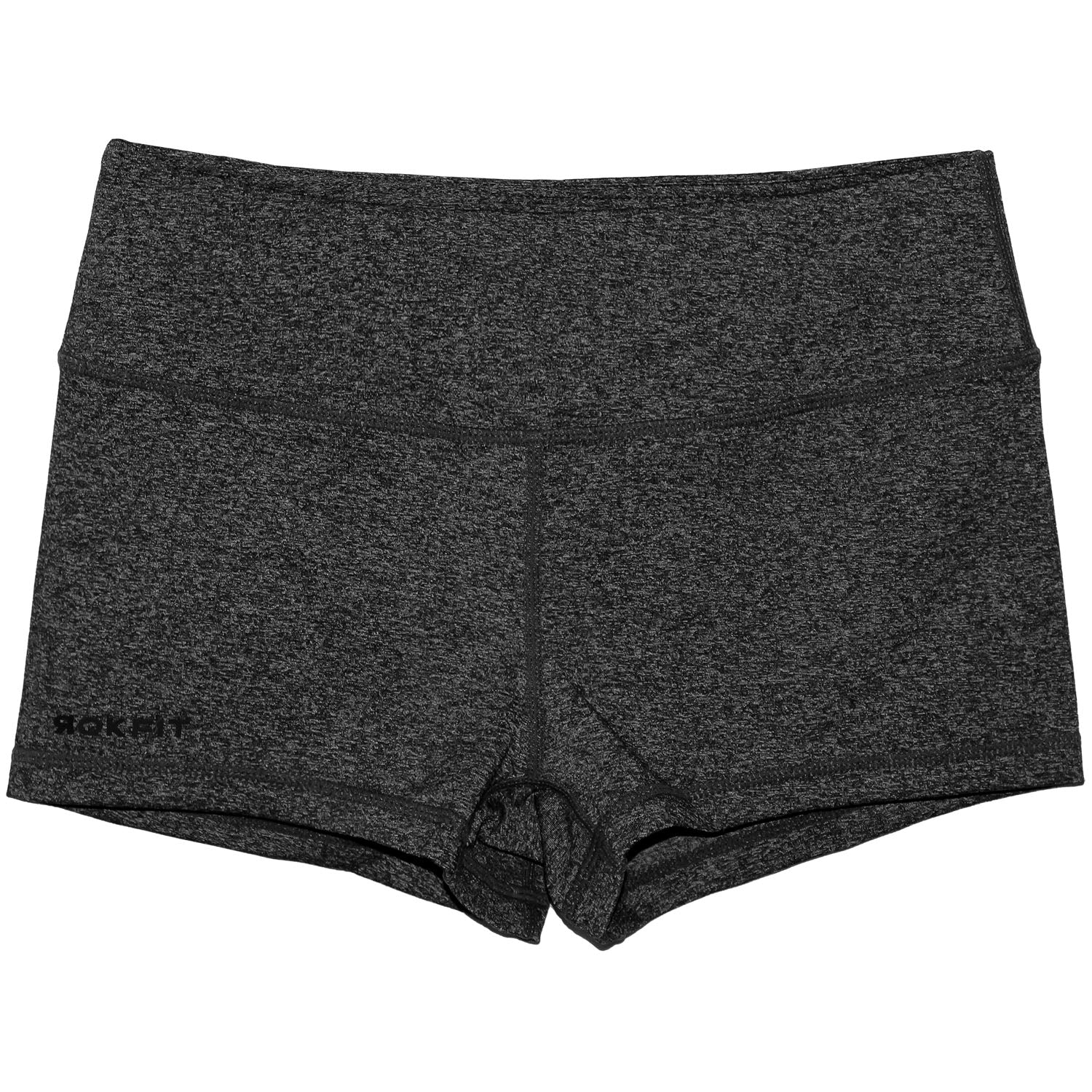 Front view of heather black 2.5-inch booty shorts