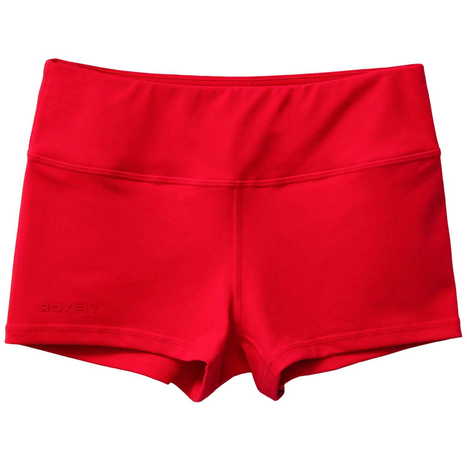 Front view of red 2.5-inch booty shorts