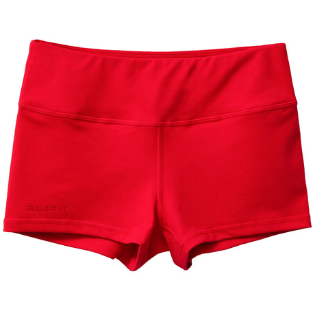 Front view of red 2.5-inch booty shorts