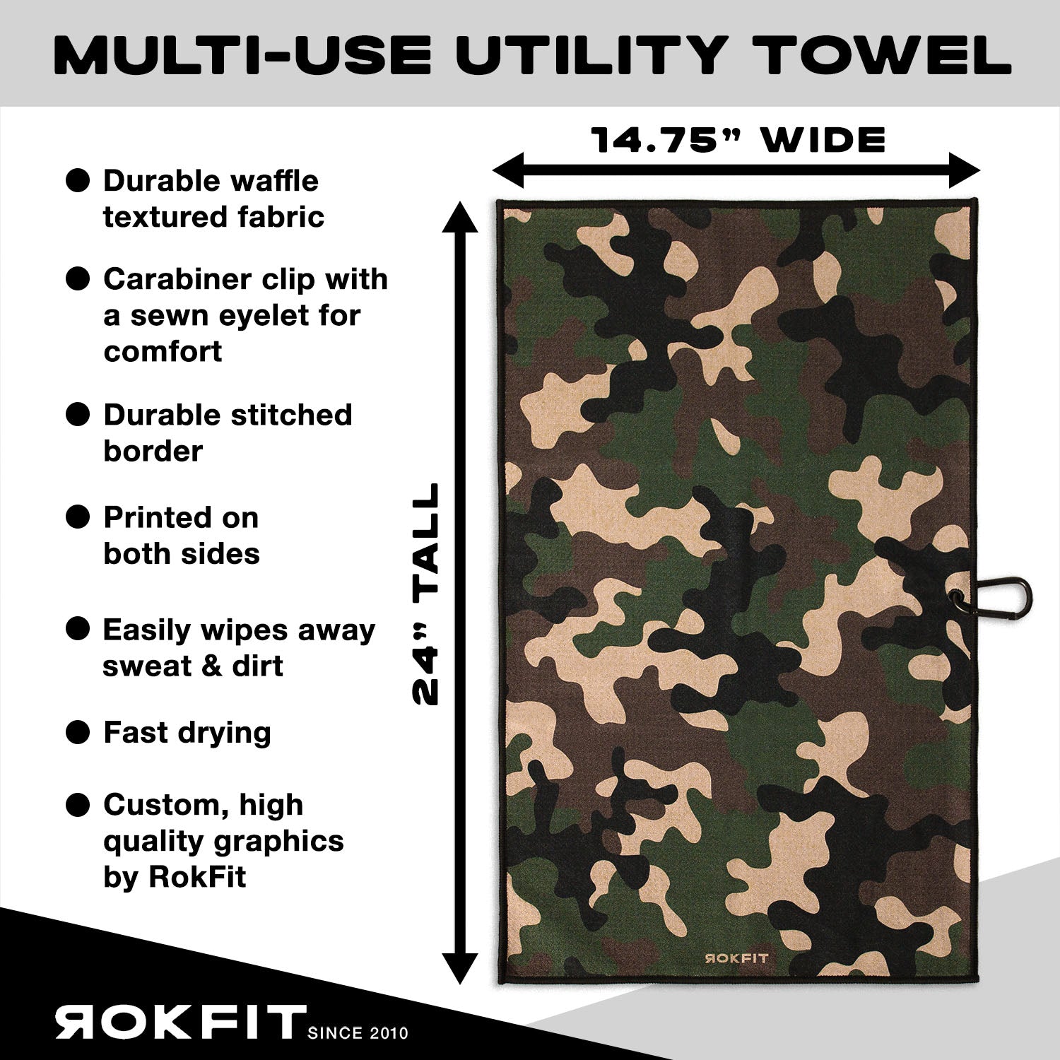 Utility Towel details showing 14.75-inches wide by 24-inches tall with 'Camo' graphic