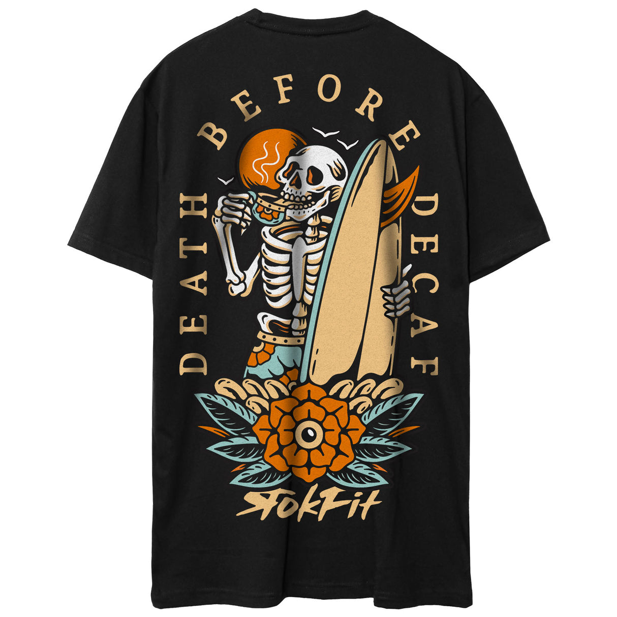 Back view of unisex black Active Tee with 'Death Before Decaf' graphic