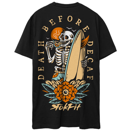 Back view of unisex black Active Tee with 'Death Before Decaf' graphic