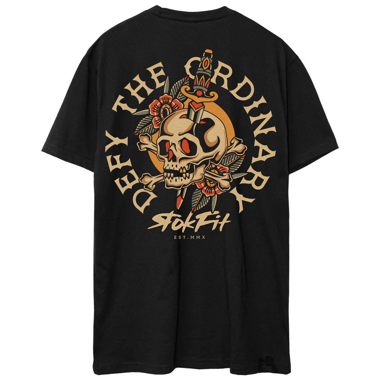 Back view of unisex black Active Tee with 'Defy The Ordinary' graphic