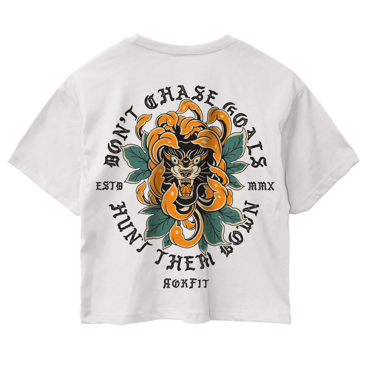 Back view of women's white crop top with 'Don't Chase Goals' graphic