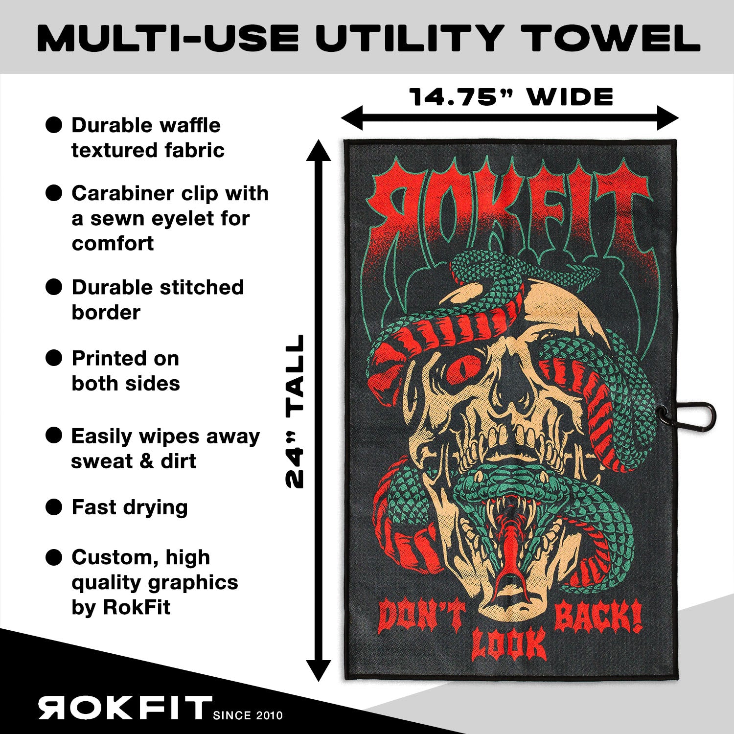 Utility Towel details showing 14.75-inches wide by 24-inches tall with 'Don't Look Back' graphic