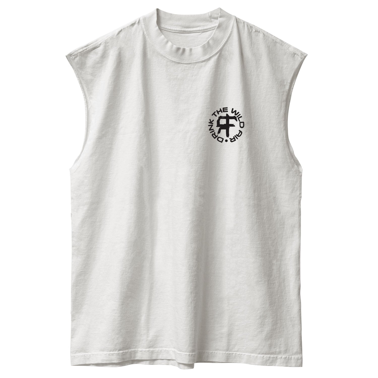 Front view of unisex white sleeveless Street Tee with 'Drink The Wild Air' graphic
