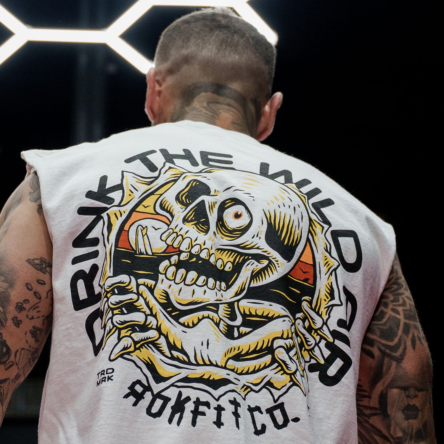 Male model in gym wearing a sleeveless street tee with 'Drink The Wild Air' graphic