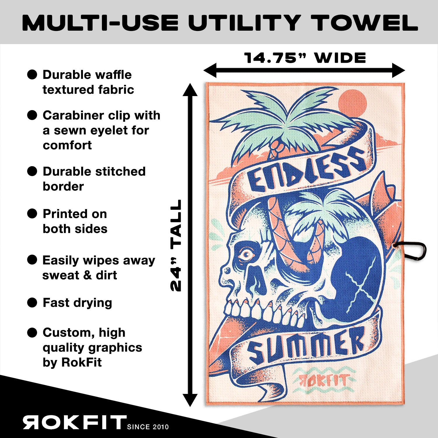 Utility Towel details showing 14.75-inches wide by 24-inches tall with 'Endless Summer' graphic