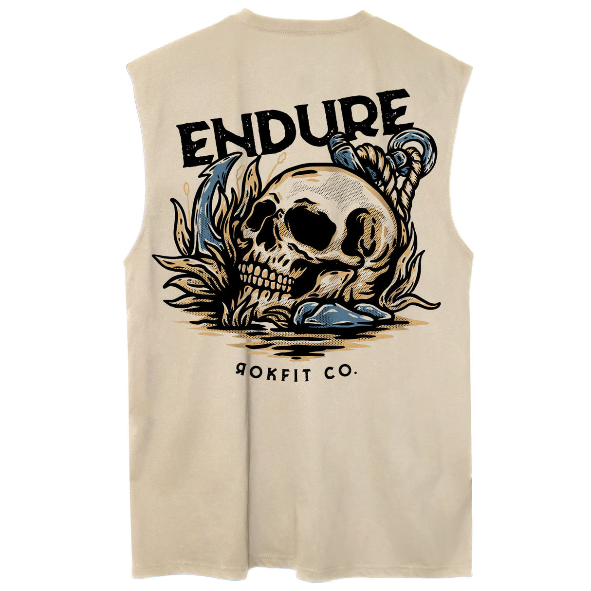 Back view of unisex cream sleeveless Active Tee with 'Endure' graphic