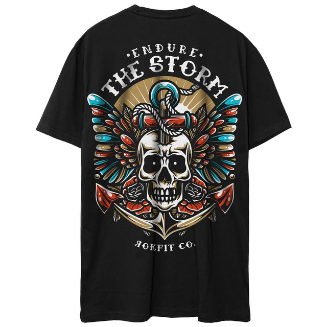 Back view of black unisex Active Tee with 'Endure The Storm' graphic