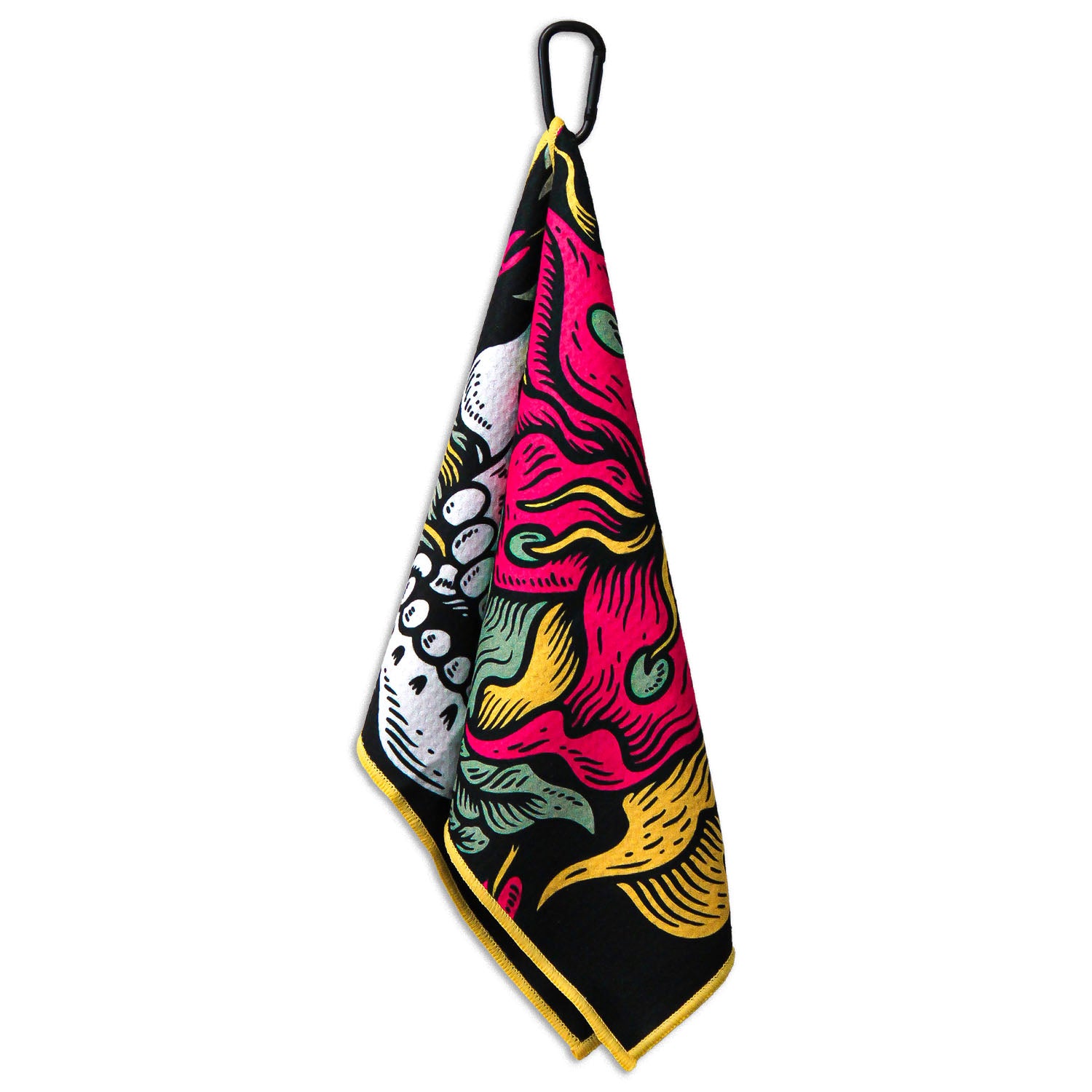 Hanging view of Utility Towel with 'Eternal Bloom' graphic