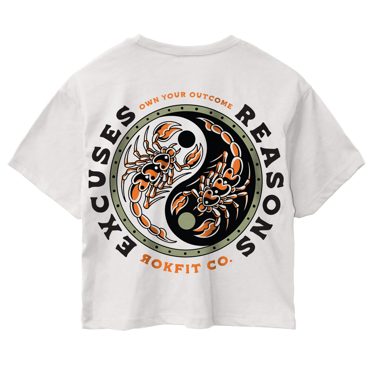 Back view of women's white crop top with 'Excuses or Reasons' graphic