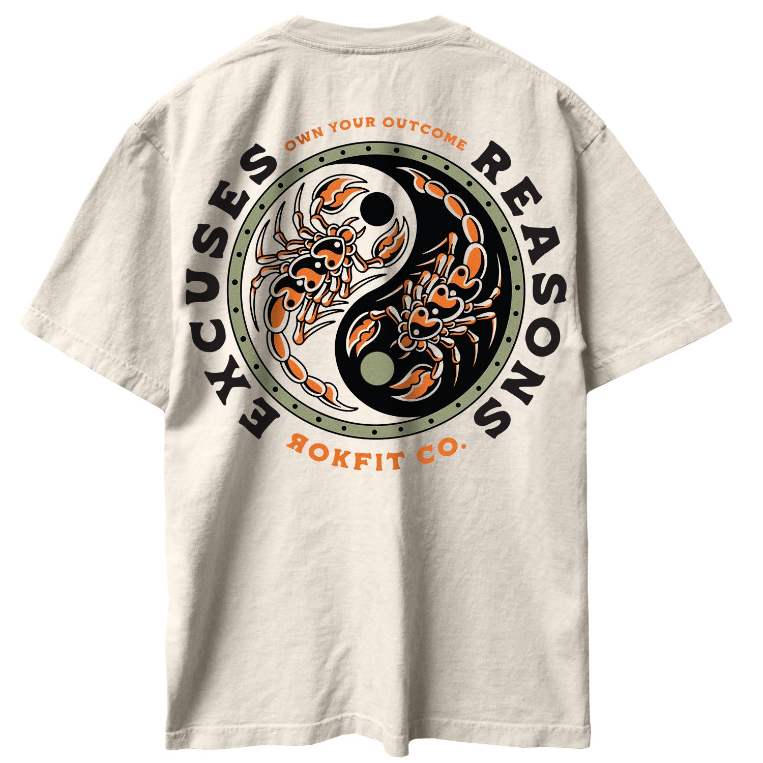 Back view of unisex cream Street Tee with 'Excuses or Reasons' graphic