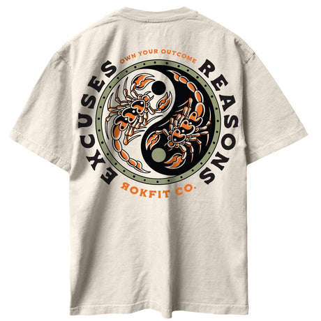 Back view of unisex cream Street Tee with 'Excuses or Reasons' graphic