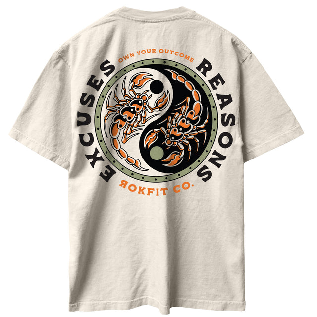 Back view of unisex cream Street Tee with 'Excuses or Reasons' graphic