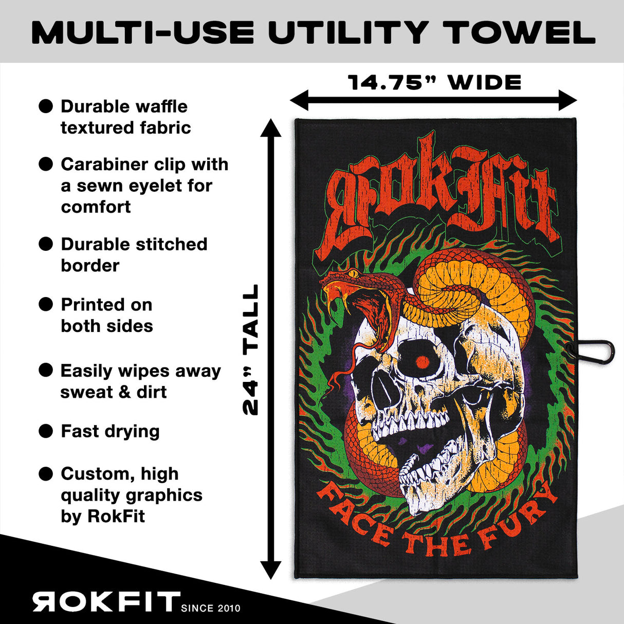 Utility Towel details showing 14.75-inches wide by 24-inches tall with 'Face The Fury' graphic