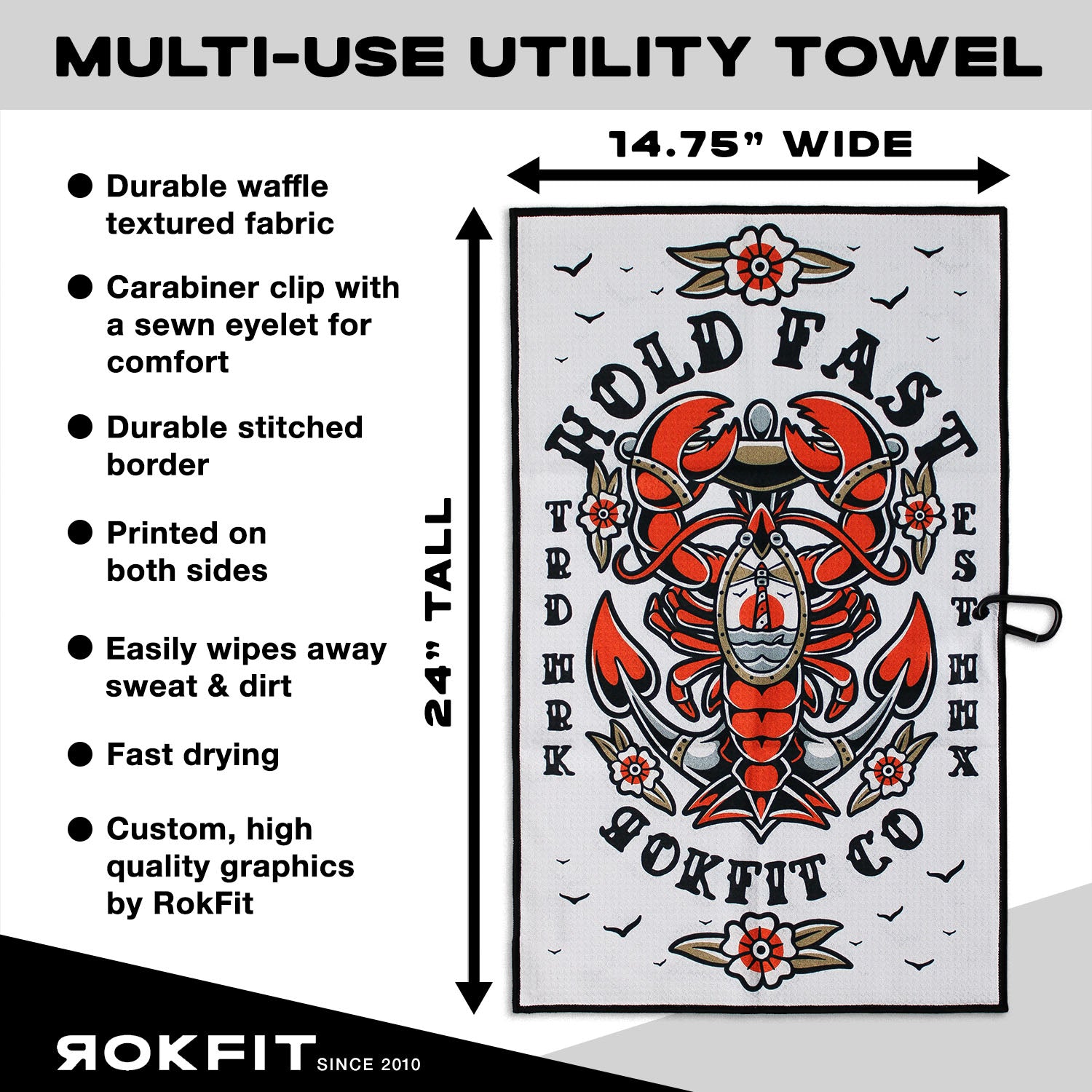 Utility Towel details showing 14.75-inches wide by 24-inches tall with 'Hold Fast' graphic