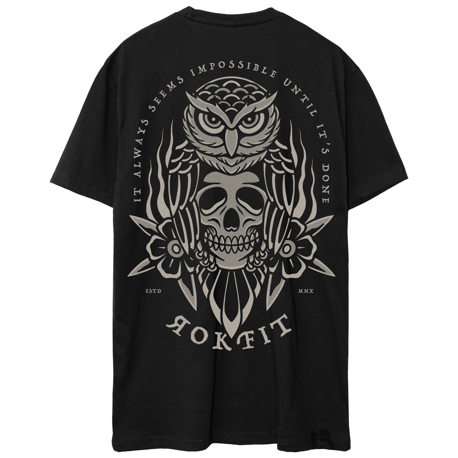 Back view of unisex black Active Tee with 'It Always Seems Impossible Until It's Done' graphic