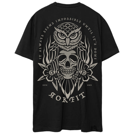 Back view of unisex black Active Tee with 'It Always Seems Impossible Until It's Done' graphic