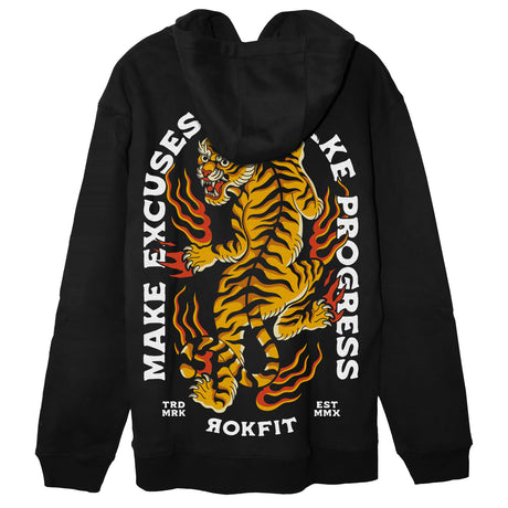 Back view of black unisex hoody with 'Make Excuses or Make Progress' graphic