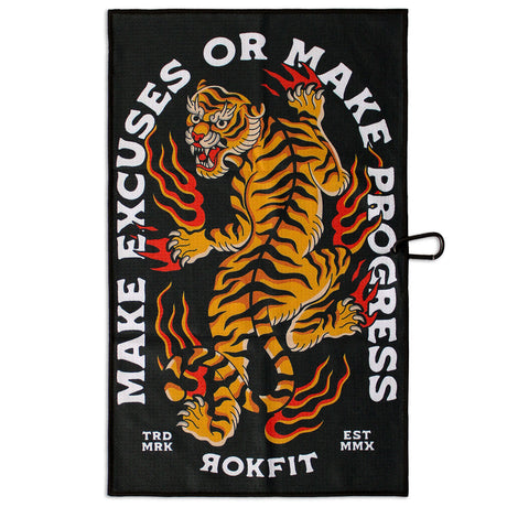 Front view of Utility Towel with 'Make Excuses or Make Progress' graphic