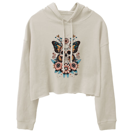 Front view of cream color women's crop hoody with 'Change Begins With Discomfort' graphic