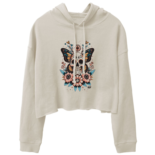 Front view of cream color women's crop hoody with 'Change Begins With Discomfort' graphic