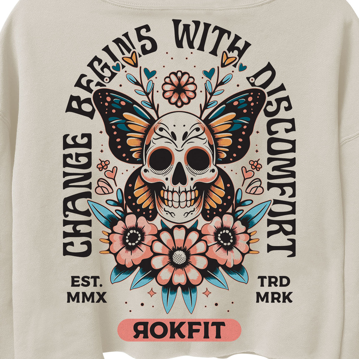 Close up of back view of cream color women's crop hoody with 'Change Begins With Discomfort' graphic