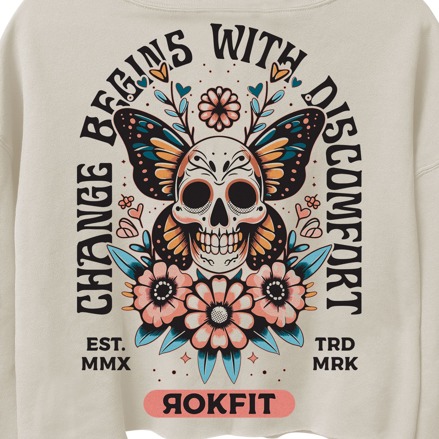 Close up of back view of cream color women's crop hoody with 'Change Begins With Discomfort' graphic