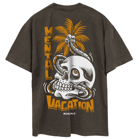 Back view of brown unisex Street Tee with 'Mental Vacation' graphic