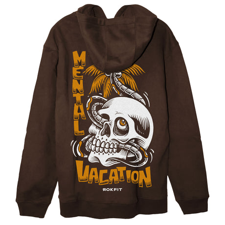 Back view of brown unisex hoody with 'Mental Vacation' graphic