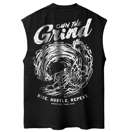 Back view of unisex black sleeveless Street Tee with 'Own The Grind' graphic