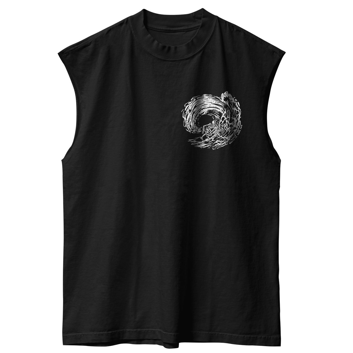 Front view of unisex black sleeveless Street Tee with 'Own The Grind' graphic