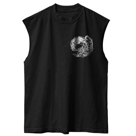 Front view of unisex black sleeveless Street Tee with 'Own The Grind' graphic