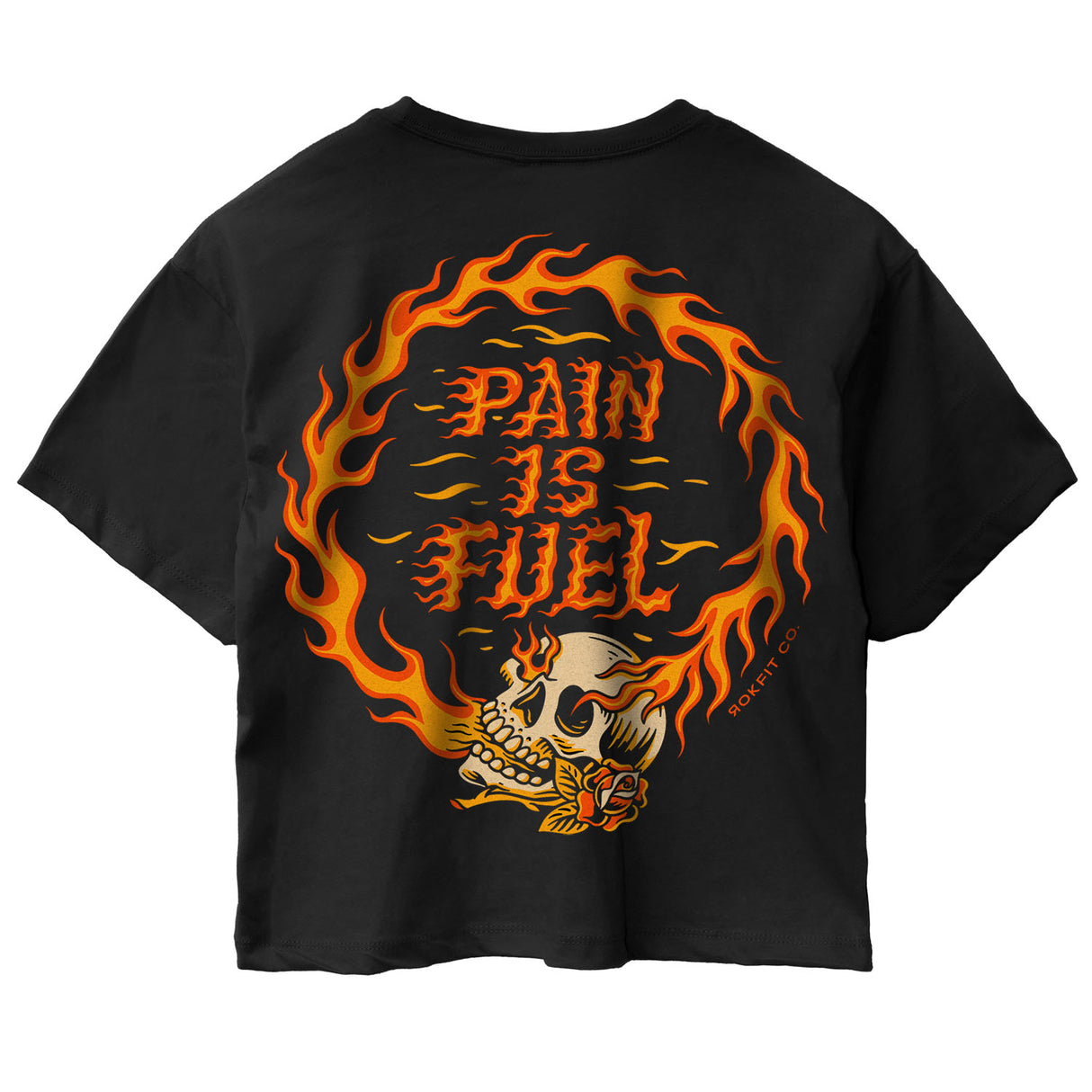 Back view of women's black crop top with 'Pain Is Fuel' graphic