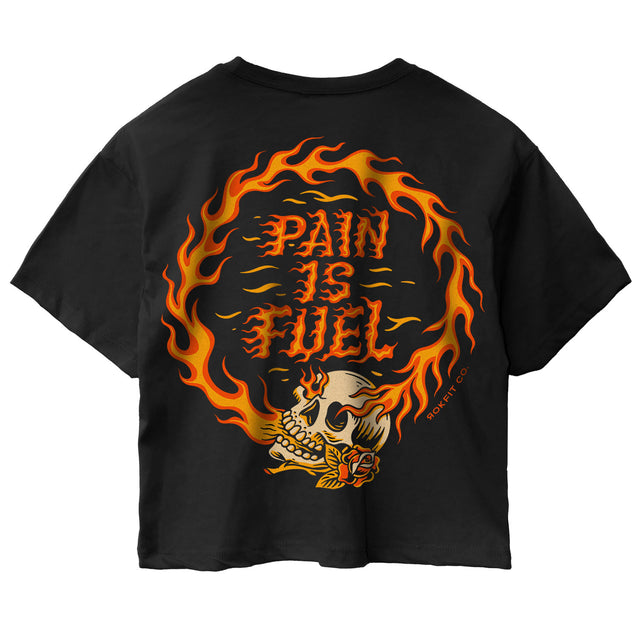 Back view of women's black crop top with 'Pain Is Fuel' graphic