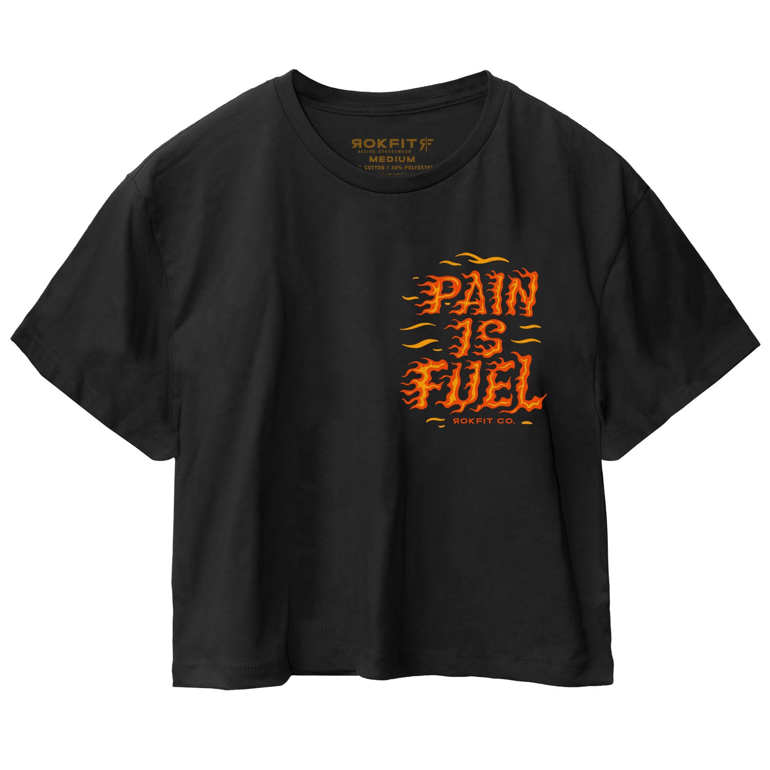 Front view of women's black crop top with 'Pain Is Fuel' graphic