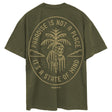 Front view of olive green unisex Street Tee with 'Paradise Is Not A Place, It's A State Of Mind' graphic