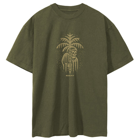 Front view of olive green unisex Street Tee with palm tree graphic