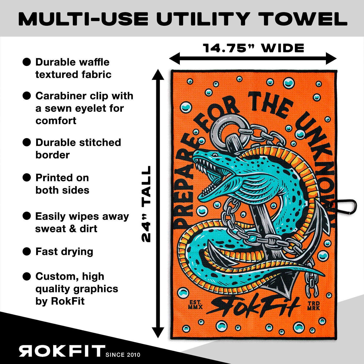 Utility Towel details showing 14.75-inches wide by 24-inches tall with 'Prepare For The Unknown' graphic