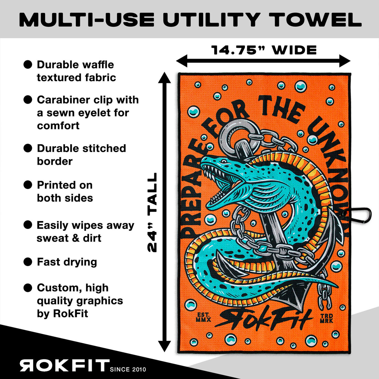 Utility Towel details showing 14.75-inches wide by 24-inches tall with 'Prepare For The Unknown' graphic