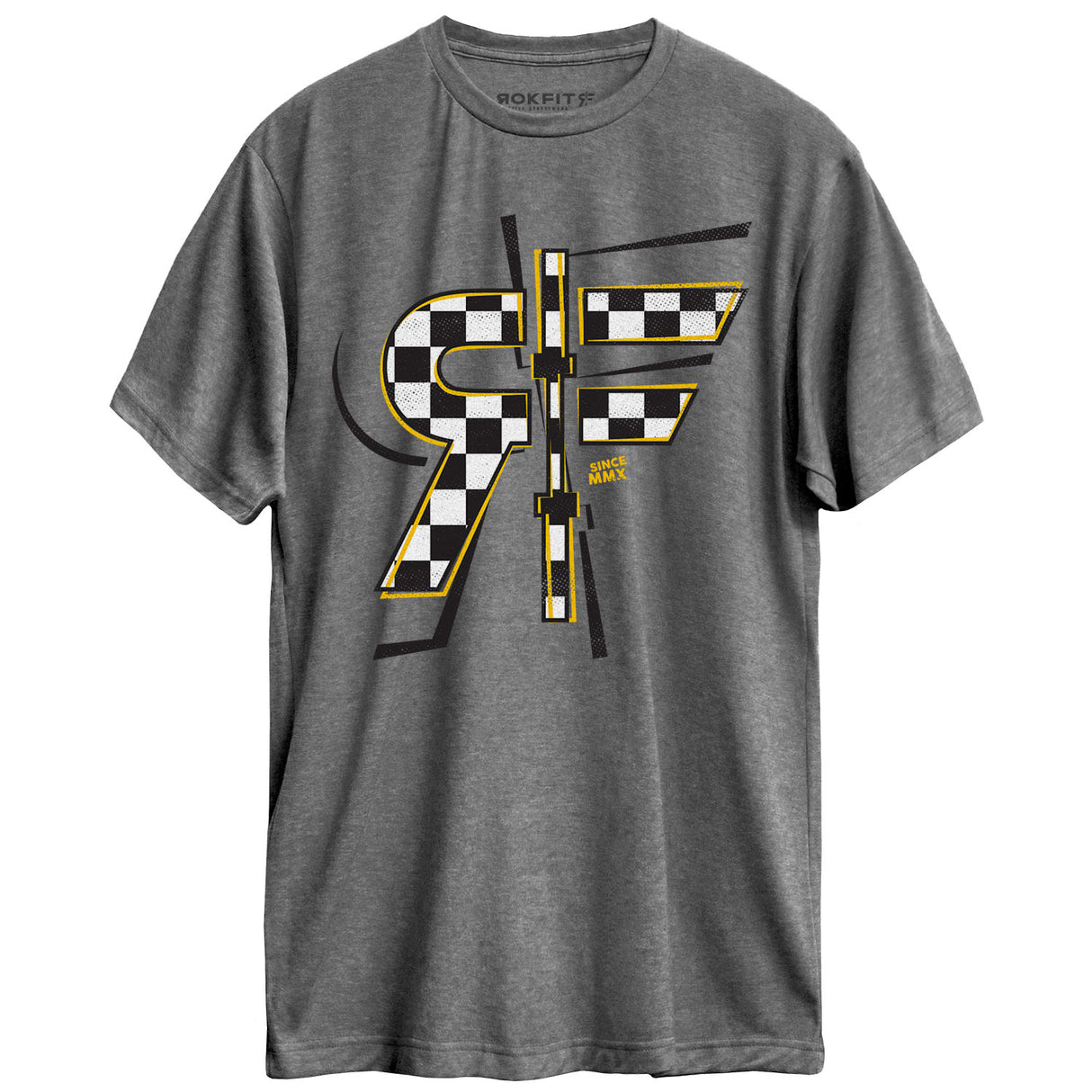 Front view of unisex heather grey Active Tee with 'Rok The Check' graphic